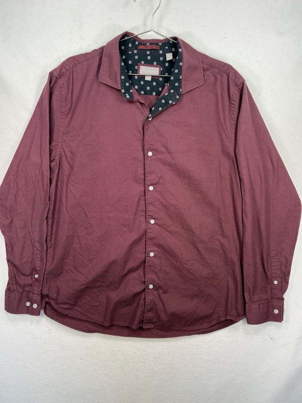 Ted Baker London Shirt Mens XL Burgundy Micro Houndstooth Geometric‎ Contrast
